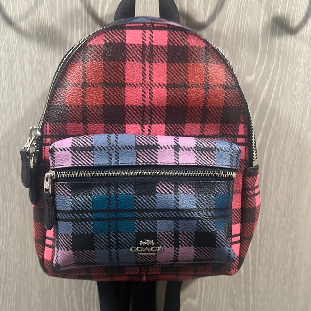 Coach NWT Shadow Plaid Mini Charlie Backpack - Pink, Blue, Black